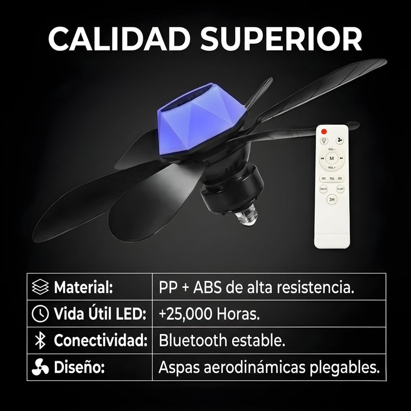 Abanico De Techo 20” Con Socket E27, Luz LED RGB Y 3 Tonos, Bocina Bluetooth. Ventilador Con 6 Aspas, 1600 Lúmenes Y Control Remoto. Color negro.