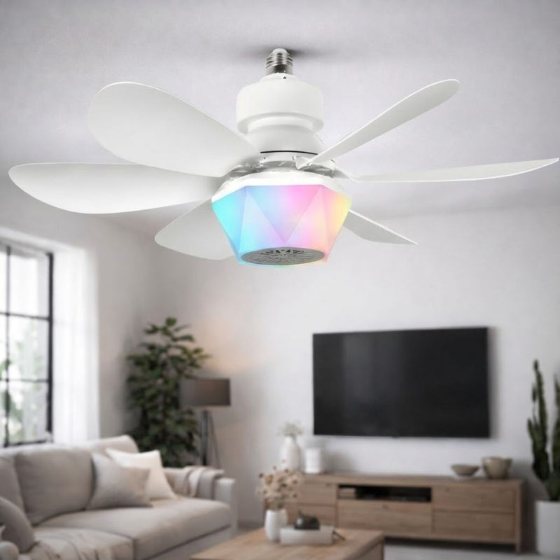 Abanico De Techo 20” Con Socket E27, Luz LED RGB Y 3 Tonos, Bocina Bluetooth. Ventilador Con 6 Aspas, 1600 Lúmenes Y Control Remoto. Color blanco.