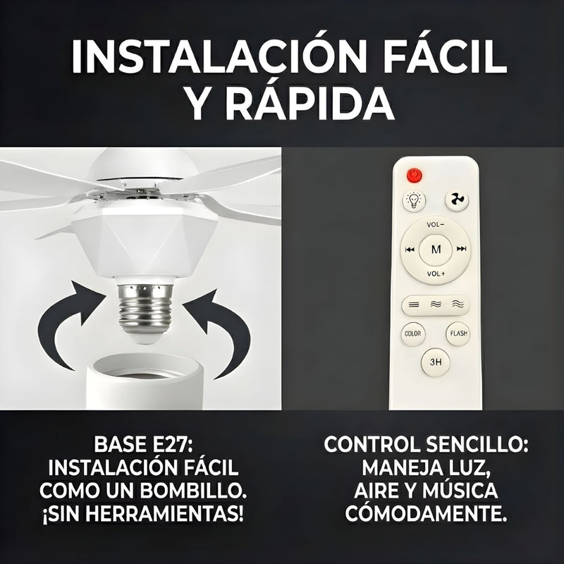 Abanico De Techo 20” Con Socket E27, Luz LED RGB Y 3 Tonos, Bocina Bluetooth. Ventilador Con 6 Aspas, 1600 Lúmenes Y Control Remoto. Color blanco.