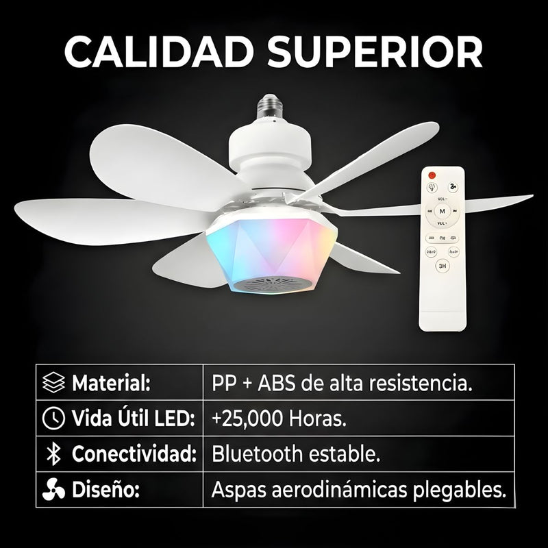 Abanico De Techo 20” Con Socket E27, Luz LED RGB Y 3 Tonos, Bocina Bluetooth. Ventilador Con 6 Aspas, 1600 Lúmenes Y Control Remoto. Color blanco.