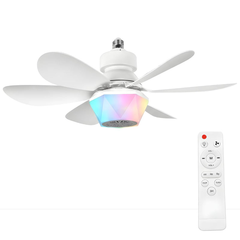 Abanico De Techo 20” Con Socket E27, Luz LED RGB Y 3 Tonos, Bocina Bluetooth. Ventilador Con 6 Aspas, 1600 Lúmenes Y Control Remoto. Color blanco.