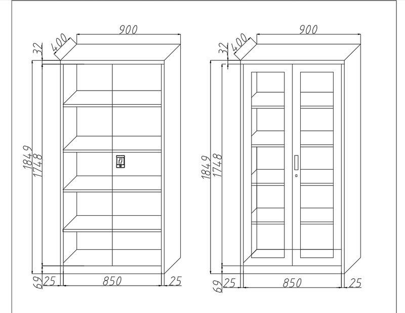 Mueble metalico Gabinete armado estructura plegable con 4 estantes ajustables doble puerta de vidrio  y cierre con llave 1850x900x400mm