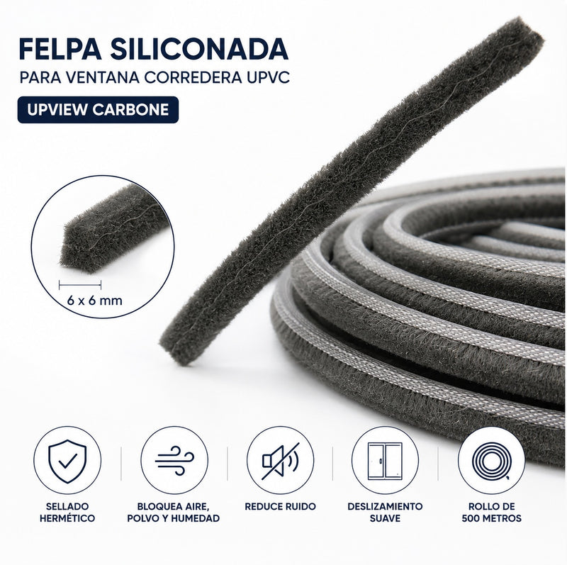 Felpa Siliconada 6x6 mm Para Ventana Corredera UPVC Rollo 500m | Sellado Hermético UPView Carbone