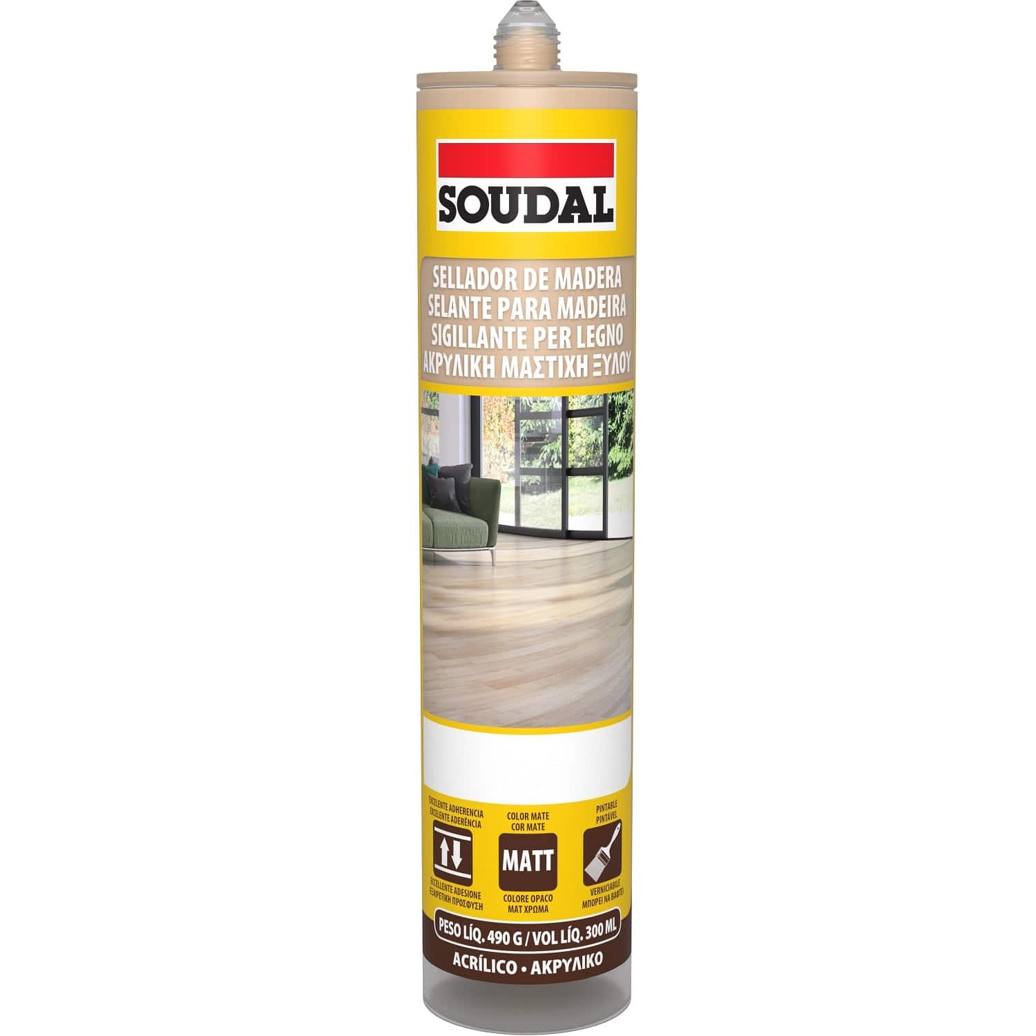 Sellador Acrílico Para Madera, Color Oak (Roble) Oscuro. Soudal, 300 Ml