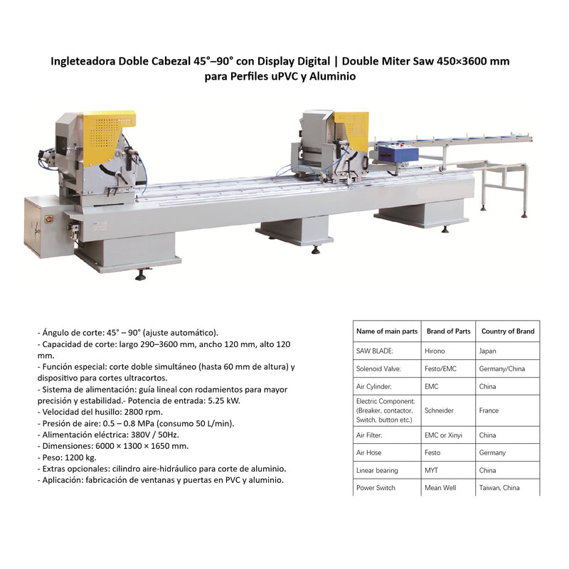 Ingleteadora Doble Cabezal 45°–90° con Display Digital | Double Miter Saw 450×3600 mm para Perfiles PVC y Aluminio