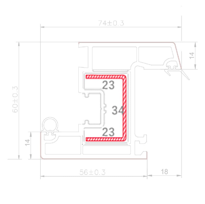 Refuerzo de Acero 1.2mm Perfil "U" 23X34X23mm para Hoja de ventana Serie abatible UPView 60mm HAT002 5.9m