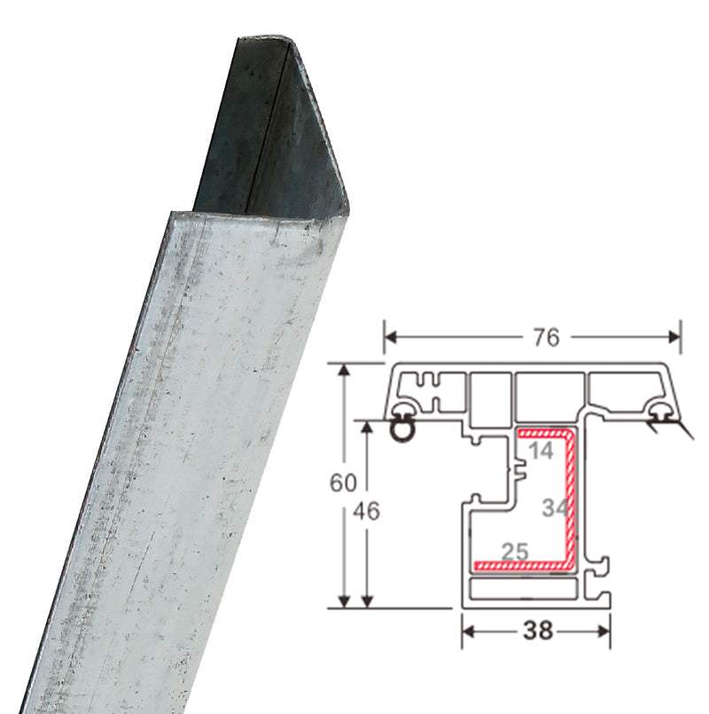 Refuerzo de Acero 1.2mm Perfil "U" 14×34×25mm para Hoja de ventana apertura externa Serie abatible UPView 60mm HAT002 5.9m