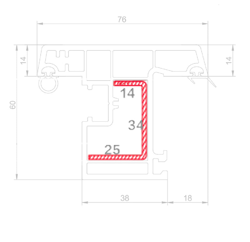 Refuerzo de Acero 1.2mm Perfil "U" 14×34×25mm para Hoja de ventana apertura externa Serie abatible UPView 60mm HAT002 5.9m