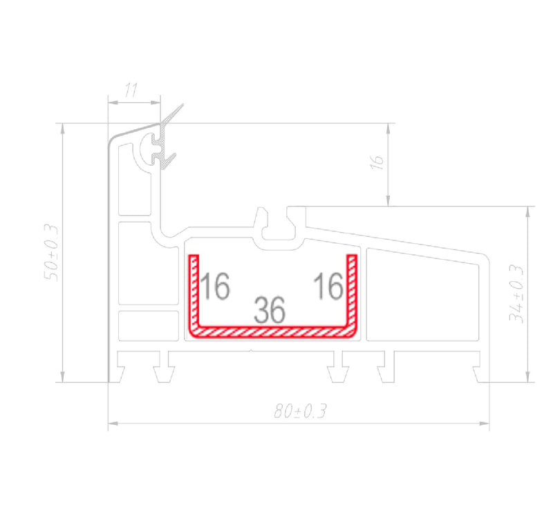 Refuerzo de Acero 1.2mm Perfil "U" 16×36×16mm para Marco Fijo HAT017 Serie Corredera Carbone UPView 80mm 5.9m
