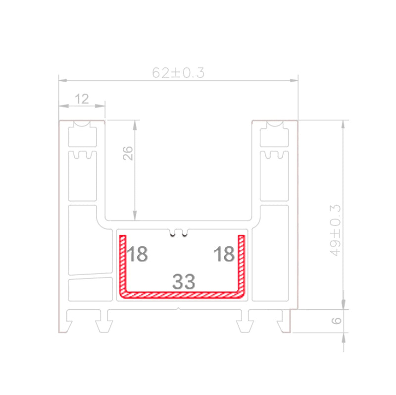 Refuerzo de Acero 1.2mm Perfil "U" 18x33x18mm para Riel Marco perimetral HAT020 Serie Corredera Carbone UPView 60mm 5.9m
