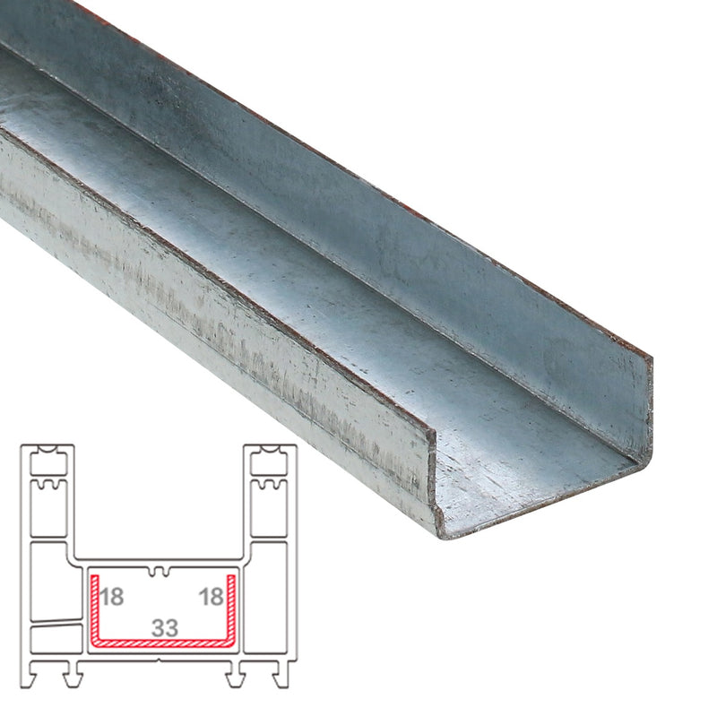 Refuerzo de Acero 1.2mm Perfil "U" 18x33x18mm para Riel Marco perimetral HAT020 Serie Corredera Carbone UPView 60mm 5.9m