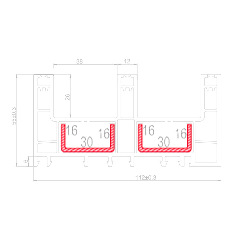 Refuerzo de Acero 1.2mm Perfil "U" 16x30x16mm para Riel Marco perimetral 3 vias 112mm HAT021 Serie Corredera Carbone UPView 60mm 5.9m