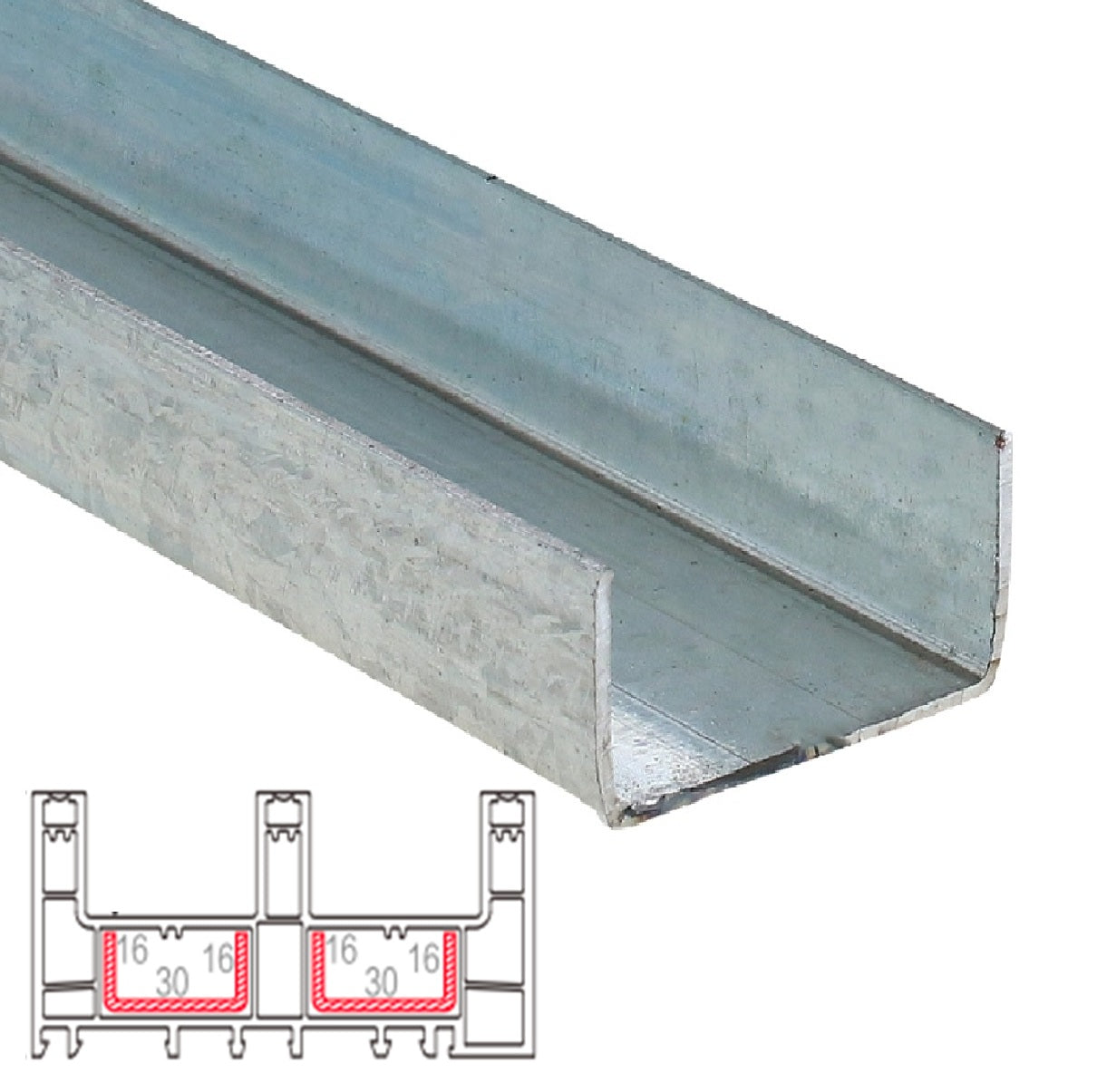 Refuerzo de Acero 1.2mm Perfil "U" 16x30x16mm para Riel Marco perimetral 3 vias 112mm HAT021 Serie Corredera Carbone UPView 60mm 5.9m