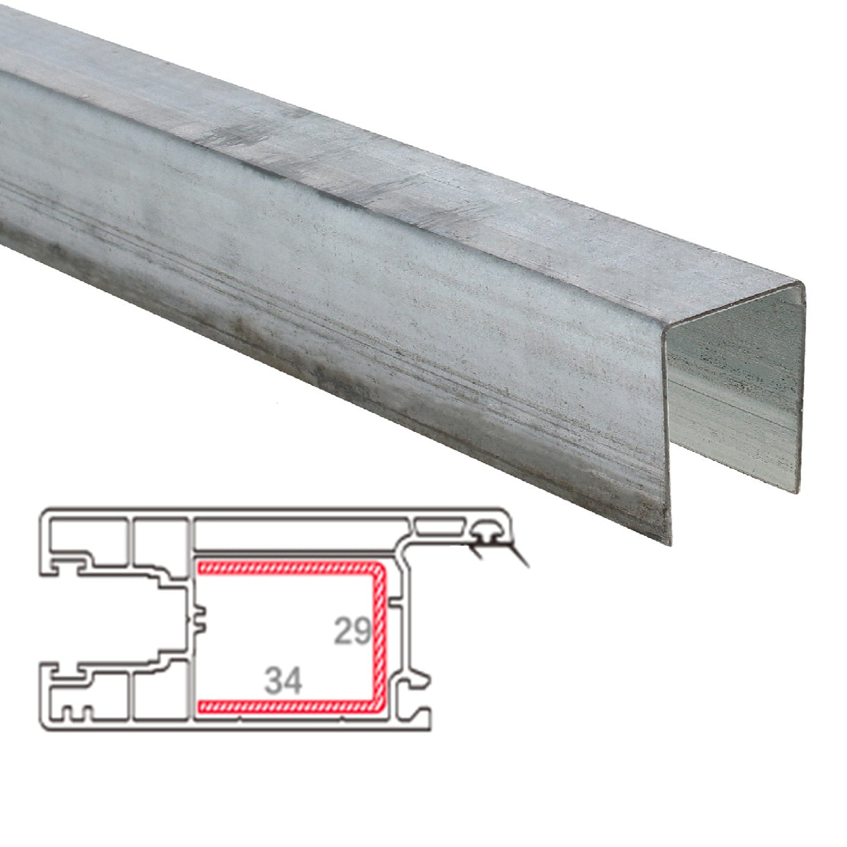 Refuerzo de Acero 1.2mm Perfil "U" 34x29x34mm para Hoja Puerta Ventana HAT023 Serie Corredera Carbone UPView 60mm 5.9m
