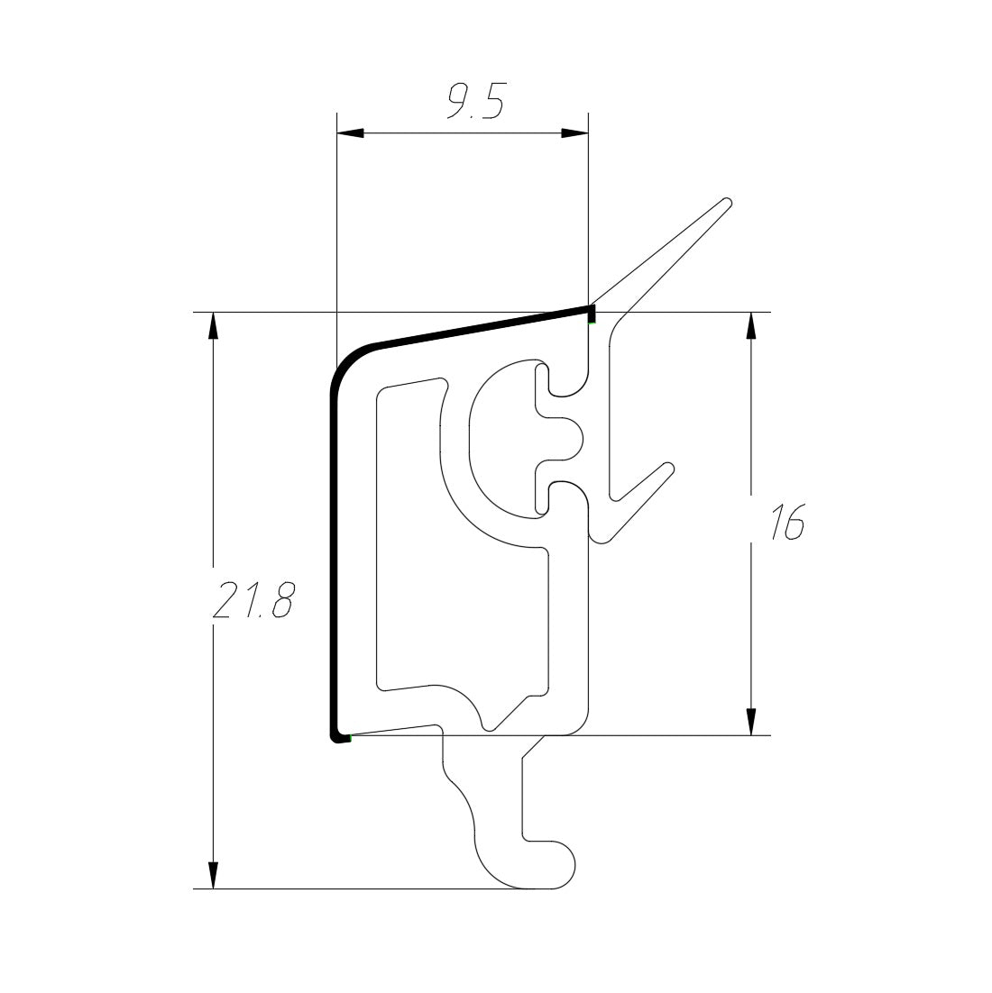 Perfil UPVC Junquillo DVH recto envidriador 9.5mm Serie Corredera 60mm UPView Carbone Espesor 1.6mm Largo 5.85m Color Negro para vidrio insulado