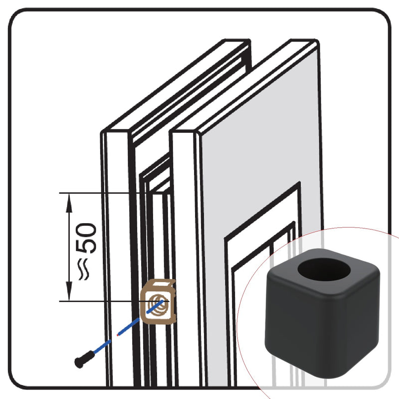 Tope amortiguador NEGRO de Hoja alta resistencia para ventanas y puertas corredizas Anti-Strike Block 16x16mm Refuerza el cierre y evita golpes