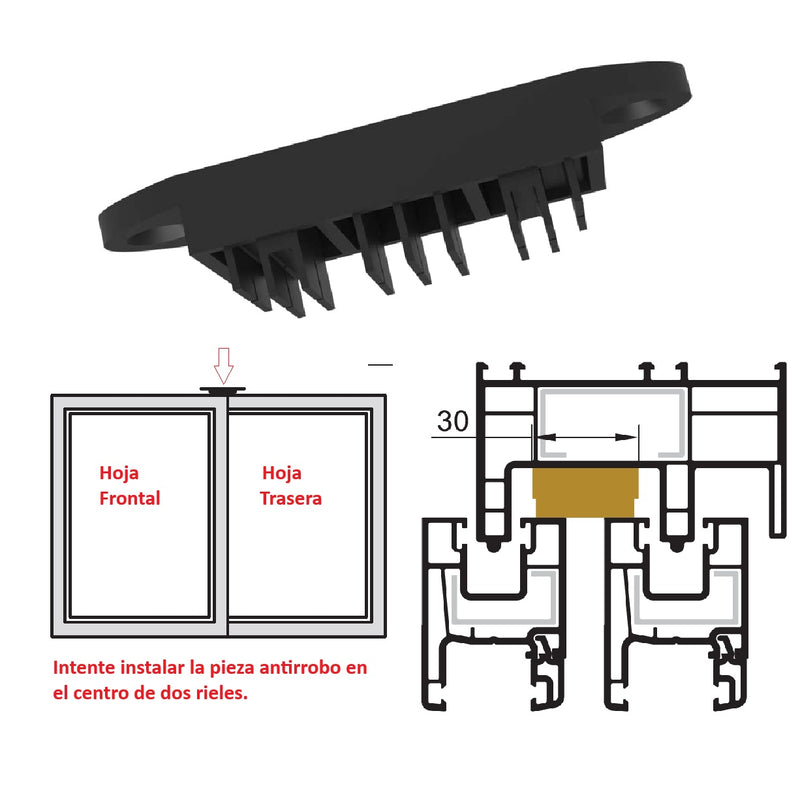 Tope NEGRO de seguridad antirrobo para ventanas corredizas de perfiles uPVC Evita aperturas no deseadas, Anti-Theft Piece 76.4mm uPVC