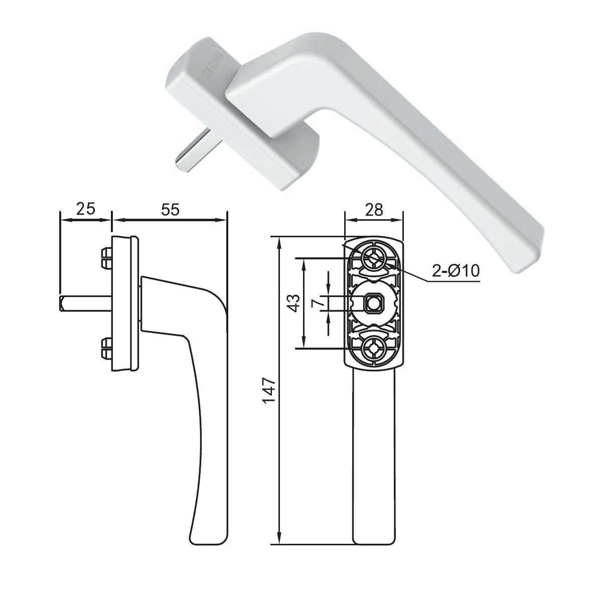 Manija Halador Maneta para Ventanas y Puertas sistema Abatible y Corrediza de Aluminio y PVC 25mm L