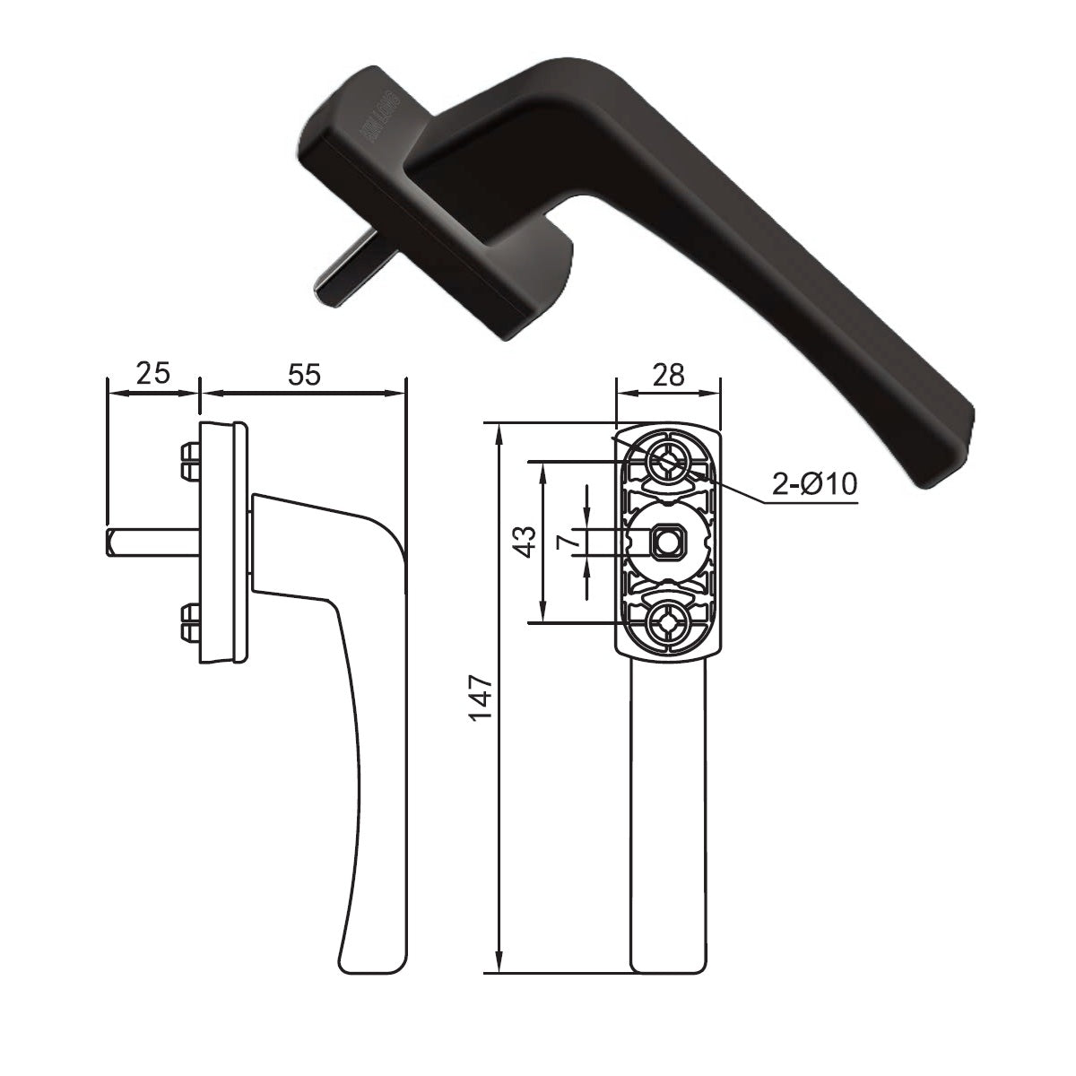 Manija Halador Maneta para Ventanas y Puertas sistema Abatible y Corrediza de Aluminio y PVC 25mm L Color negro