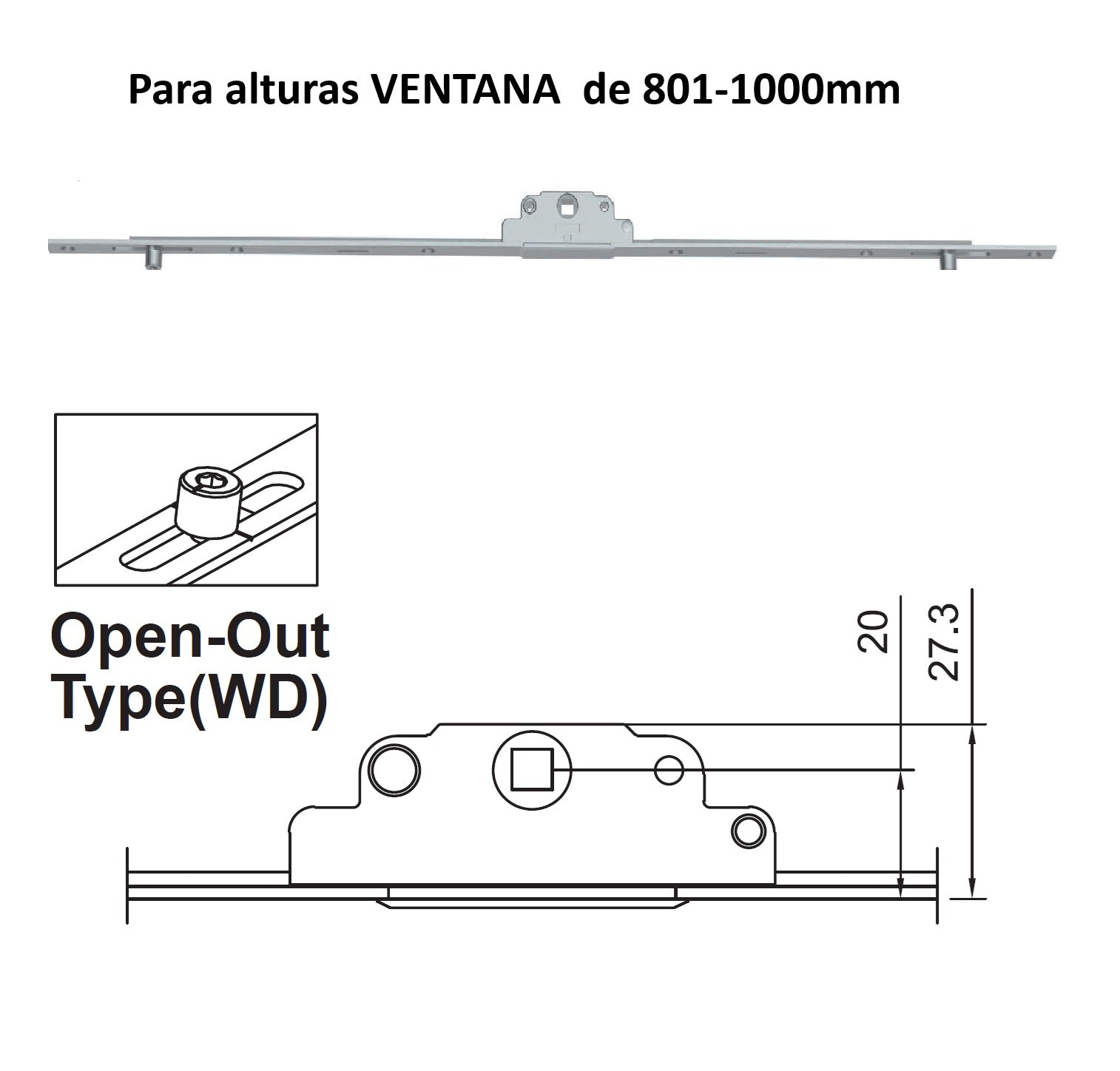 Barra de transmisión Para Ventanas apertura externa proyección uPVC y Aluminio (altura max. 801-1000 mm)