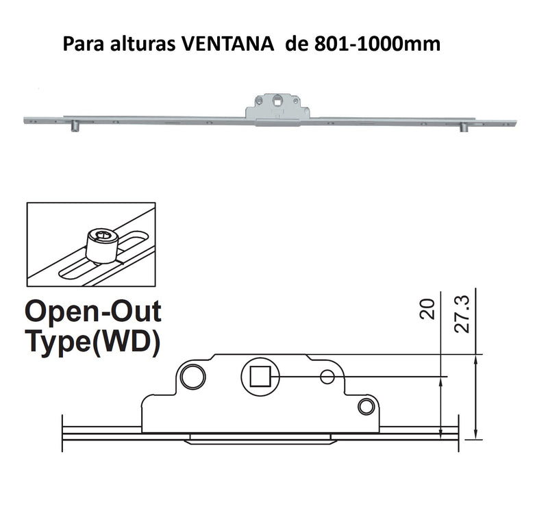 Barra de transmisión Para Ventanas apertura externa proyección uPVC y Aluminio (altura max. 801-1000 mm)