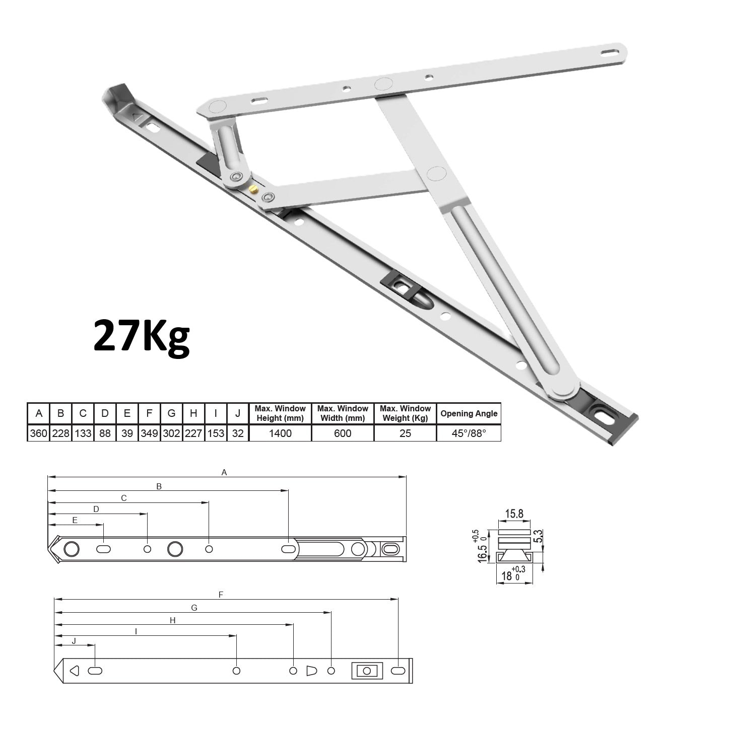 Bisagra Proyectable de Fricción max.  25kg para Ventanas uPVC de Acero Inoxidable 304