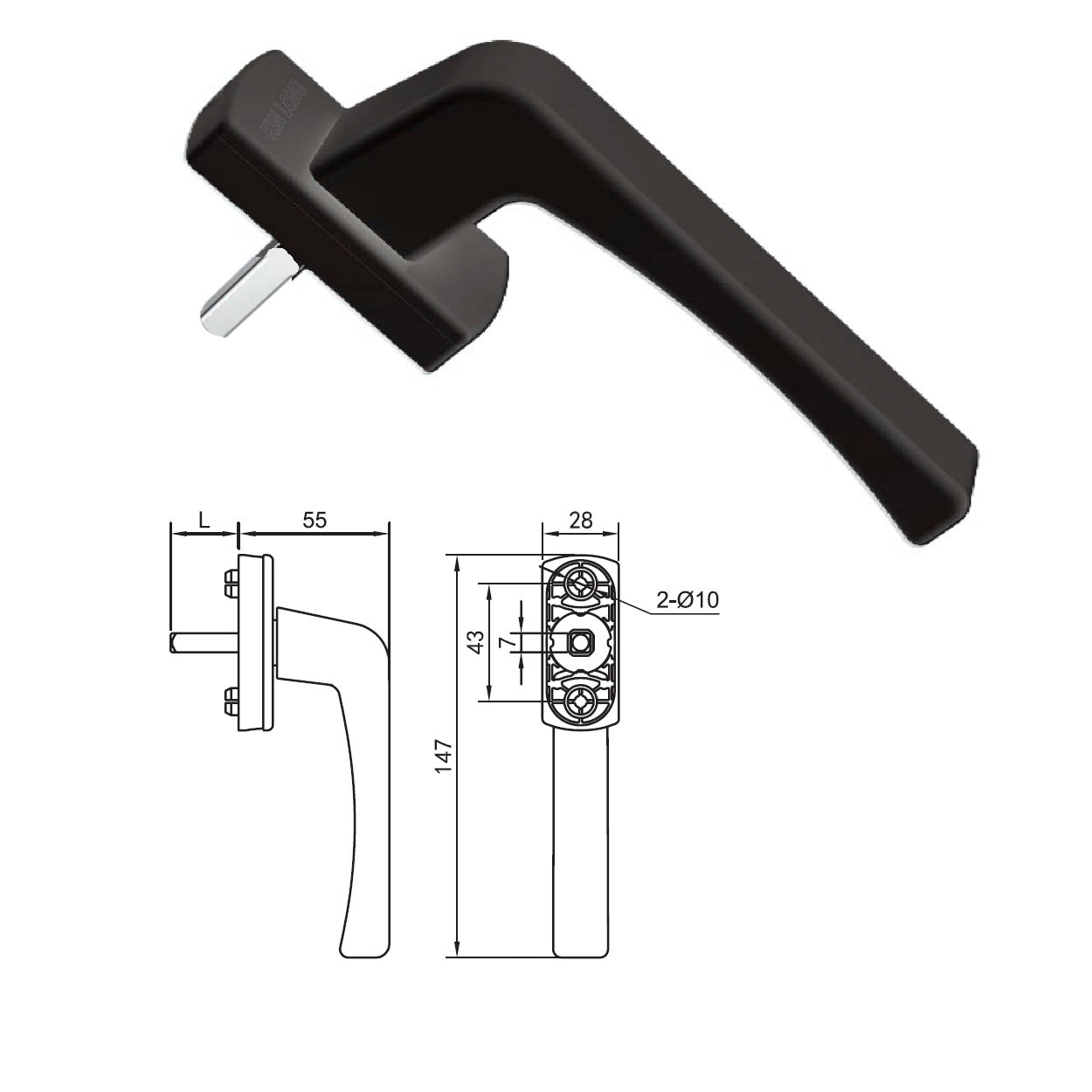 Manilla Maneta Operadora sistema oscilobatiente de Barra Transmisora Cierre ventanas uPVC color Negro