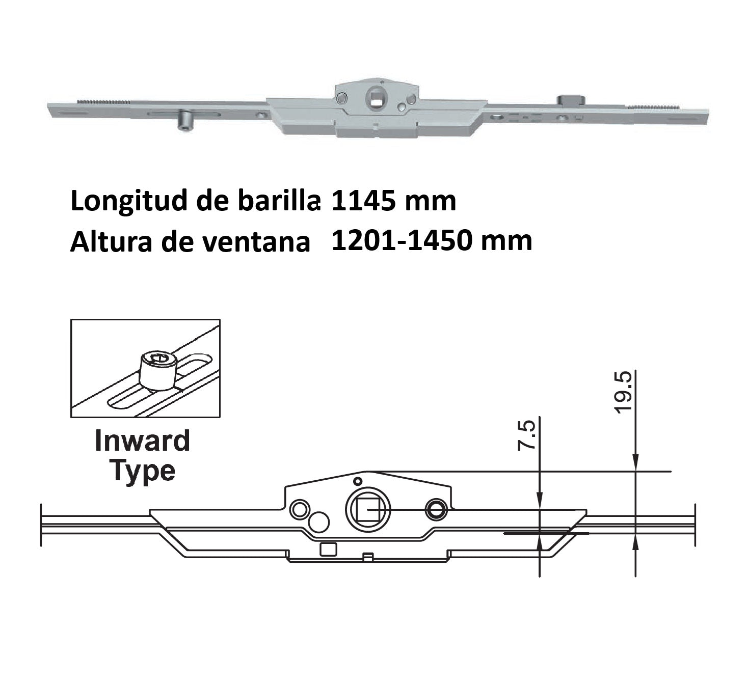 Barra de transmisión Para Ventanas apertura Oscilobatiente uPVC y Aluminio (altura max. 1201-1600mm)