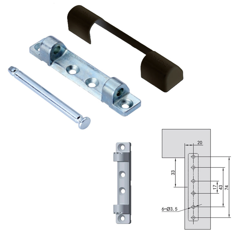 Bisagra superior con cover embellecedor Negro y pin de paso hardware para sistema de ventanas uPVC y Aluminio