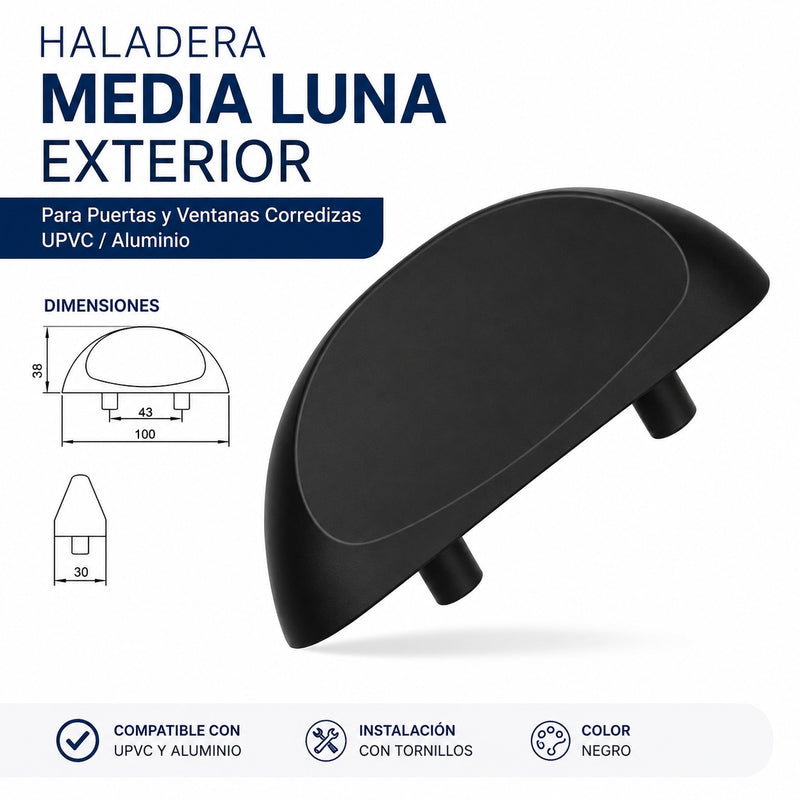 Haladera Media Luna Exterior NEGRA Para Puertas y Ventanas Corredizas UPVC / Aluminio