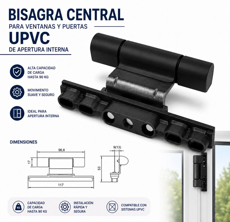 Bisagra Central Para Ventanas y Puertas De sistema abatible UPVC De Apertura Interna Color Negro