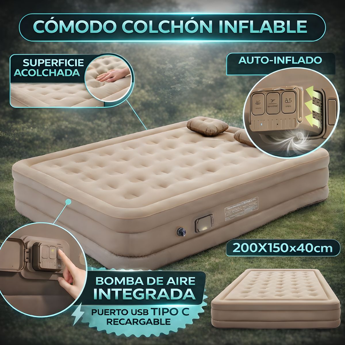 Colchón Inflable Con Bomba Eléctrica Incorporada (Full). Colchón De Aire Automático Y Portátil. Cama De Aire con 2 almohadas. Carga Tipo C (200×150×40cm).