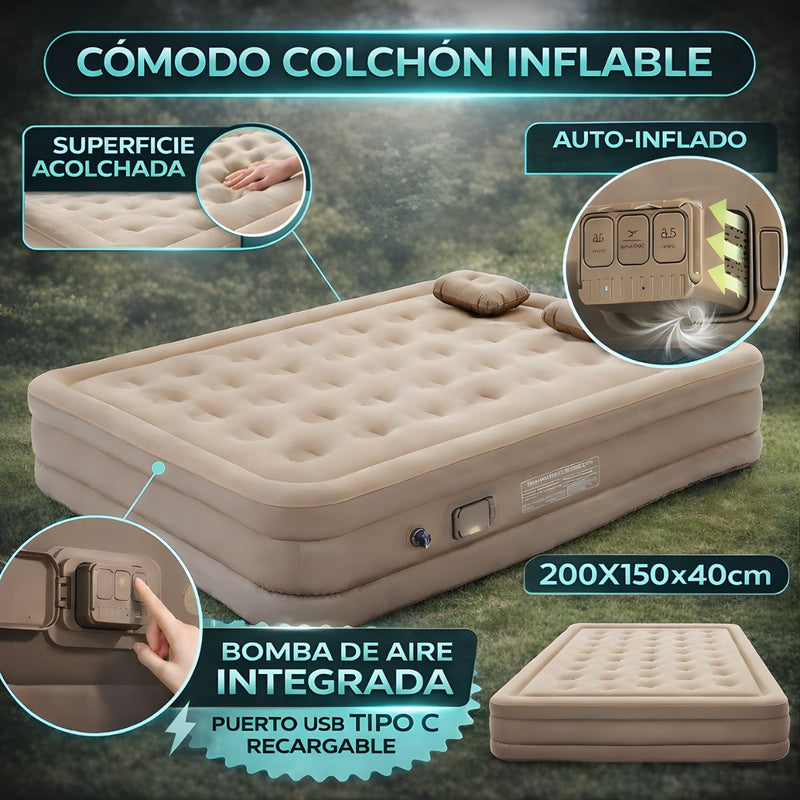 Colchón Inflable Con Bomba Eléctrica Incorporada (Full). Colchón De Aire Automático Y Portátil. Cama De Aire con 2 almohadas. Carga Tipo C (200×150×40cm).