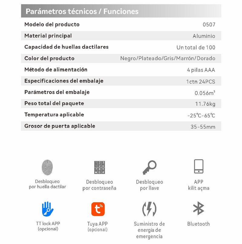 Cerradura Inteligente perilla de puerta Cerrojo Smart Lock 5 en 1 Llave Huella contraseña Bluetooth Tuya app fácil de instalar