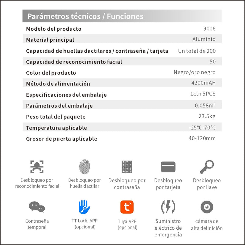 Cerradura de puerta inteligente con reconocimiento facial 3D Smart Lock de seguridad 7 en 1 Video Huella contraseña app wifi fácil de instalar