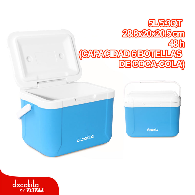 Cooler Portátil 5L / 5.3QT   Tiempo en frío: 48hrs.  28.8 x 20.8 x 20.5 cm, Ideal para 4 Botellas Coca-Cola de 550 ml  Hielera