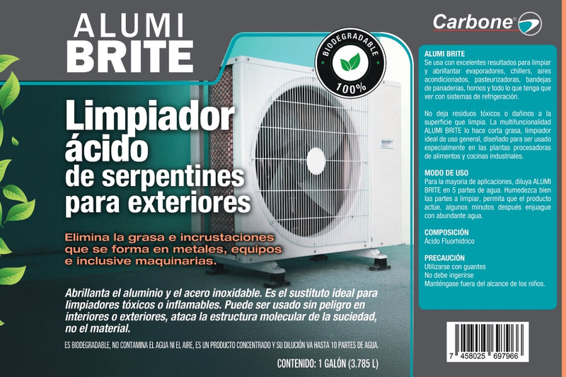 Limpiador ácido de serpentines y bobinas de aires acondicionados. abrillantador de aluminio y acero inoxidable. 1 galón (3.785L)