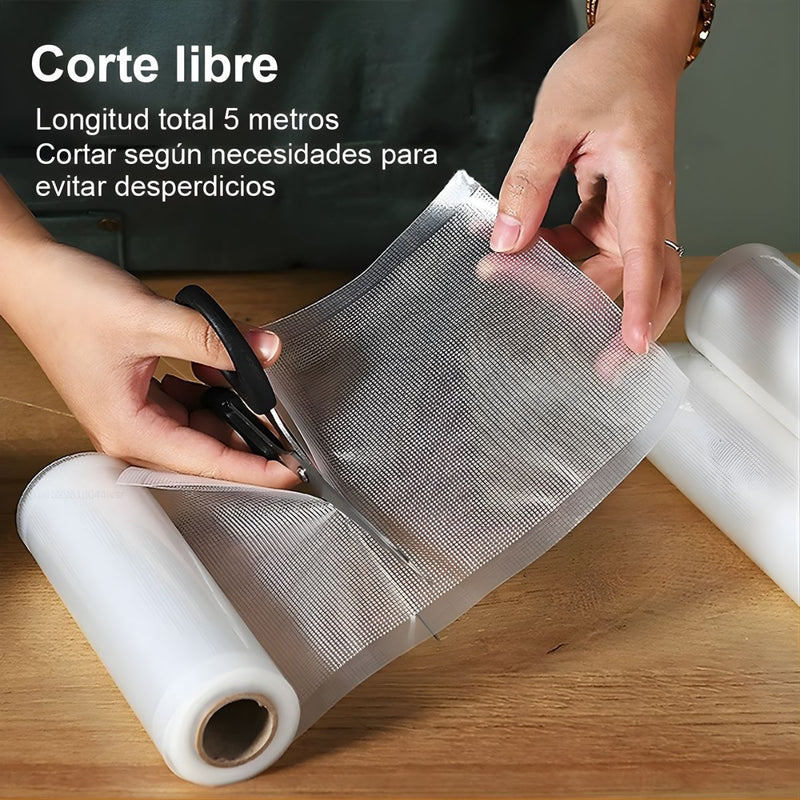 Rollos de bolsas para sellado al vacío. Libre de BPA. Apto para congelador y microondas. Rollo de envasado al vacío.