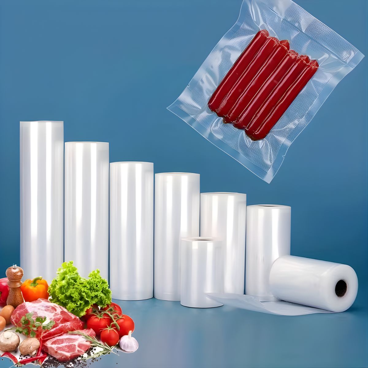 Rollos de bolsas para sellado al vacío. Libre de BPA. Apto para congelador y microondas. Rollo de envasado al vacío.