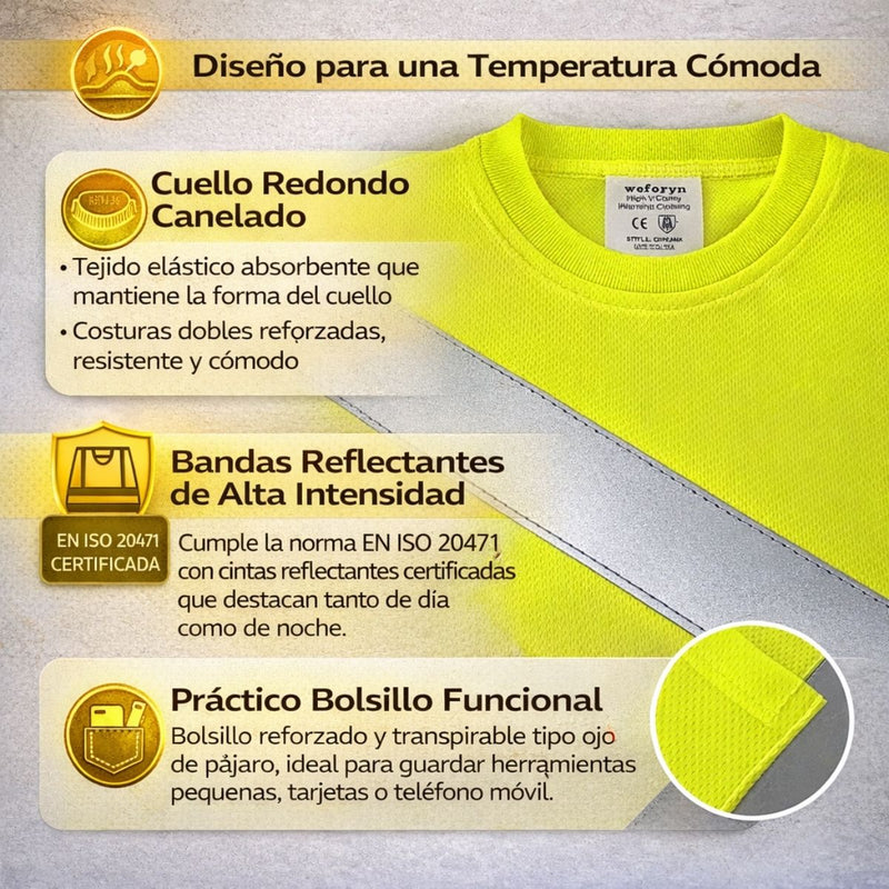 Camisetas Sueteres de Seguridad Alta Visibilidad Manga Larga con Cintas Reflectivas 360° Certificación ANSI/CE Clase 3. Color Amarillo y Negro.