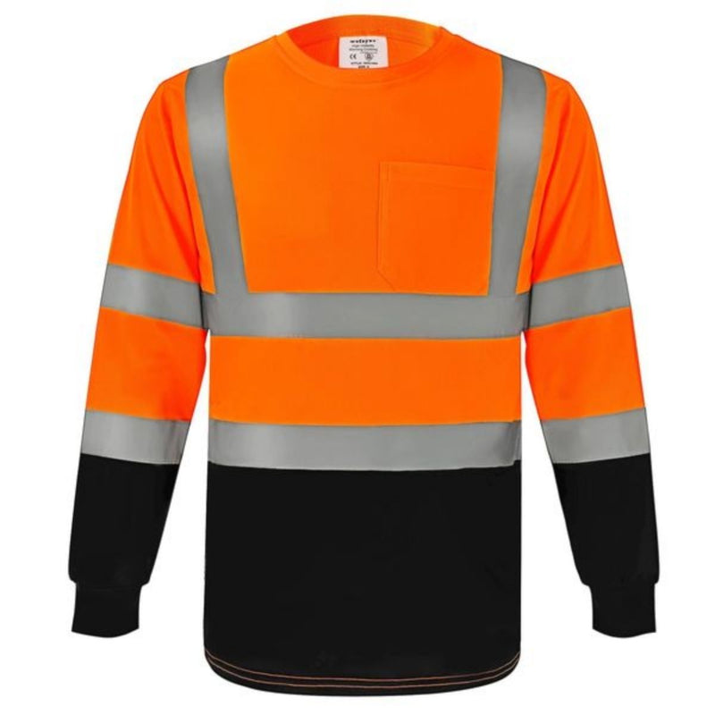 Camiseta Sueter de Seguridad Alta Visibilidad Manga Larga con Cintas Reflectivas 360° Certificación ANSI/CE Clase 3. Color Naranja y Negro. Talla S