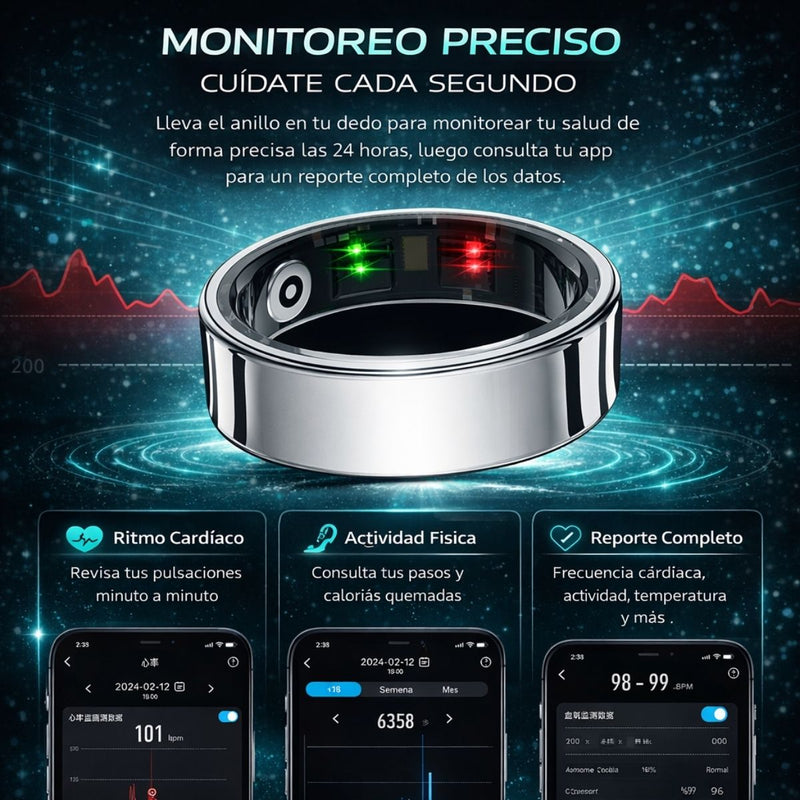 Anillo Inteligente Unisex Multisensor Monitor Ritmo Cardíaco Sueño Oxígeno Temperatura Impermeable 5ATM. Smart ring Plateado. Compatible con Android Y Apple.
