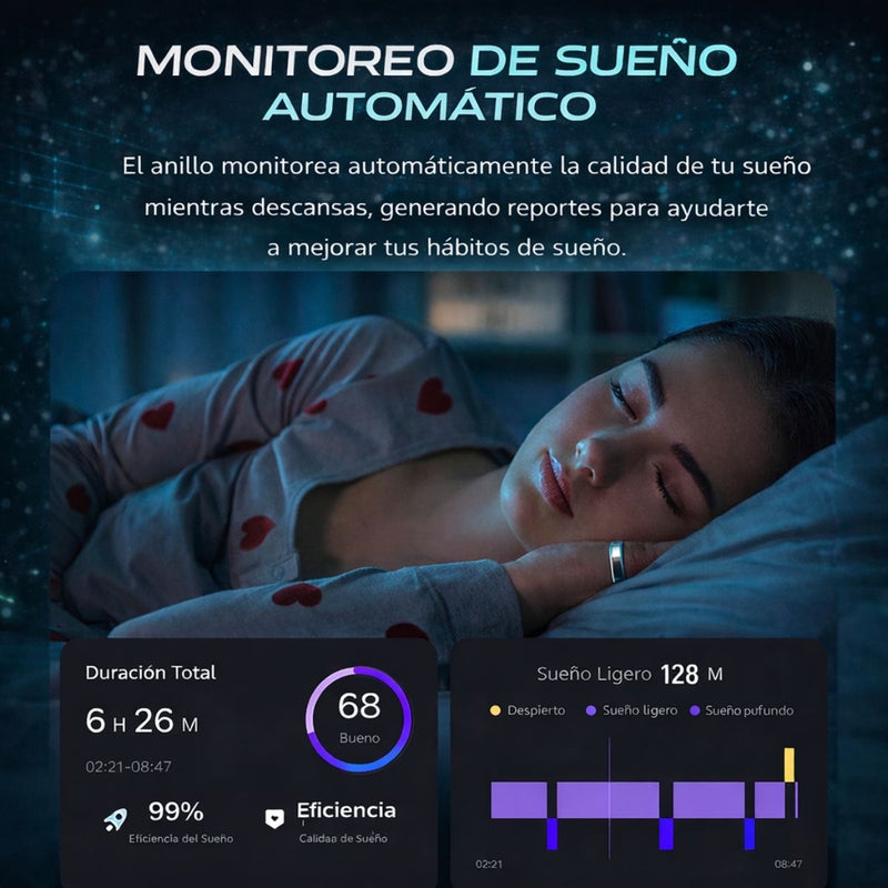 Anillo Inteligente Unisex Multisensor Monitor Ritmo Cardíaco Sueño Oxígeno Temperatura Impermeable 5ATM. Smart ring Plateado. Compatible con Android Y Apple.