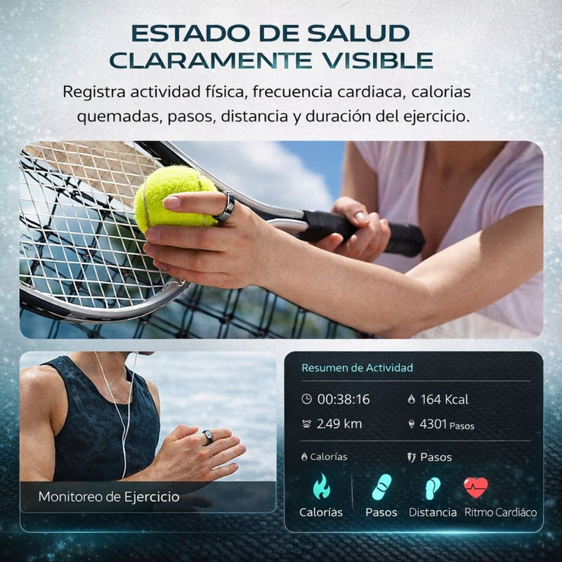 Anillo Inteligente Unisex Multisensor Monitor Ritmo Cardíaco Sueño Oxígeno Temperatura Impermeable 5ATM. Smart ring Plateado. Compatible con Android Y Apple.