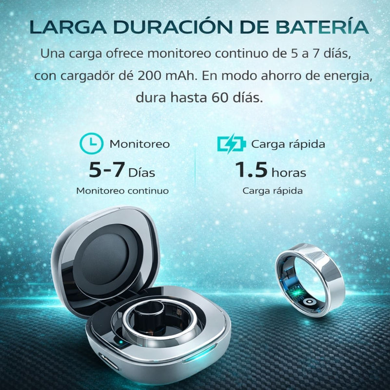 Anillo Inteligente Unisex Multisensor Monitor Ritmo Cardíaco Sueño Oxígeno Temperatura Impermeable 5ATM. Smart ring Plateado. Compatible con Android Y Apple.