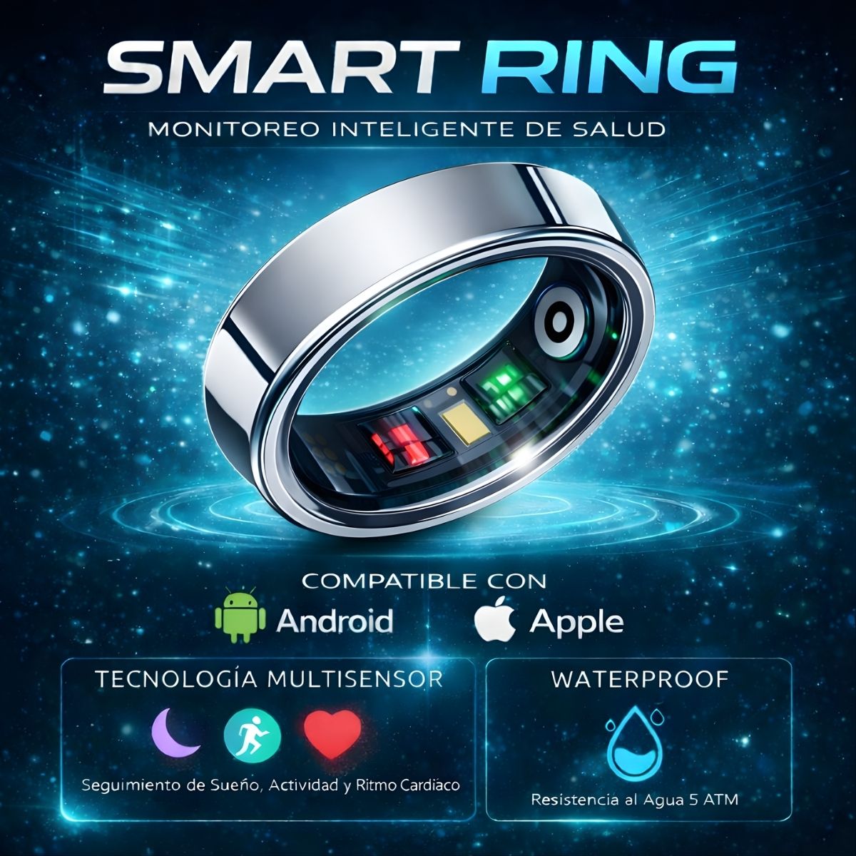 Anillo Inteligente Unisex Multisensor Monitor Ritmo Cardíaco Sueño Oxígeno Temperatura Impermeable 5ATM. Smart ring Plateado. Compatible con Android Y Apple.