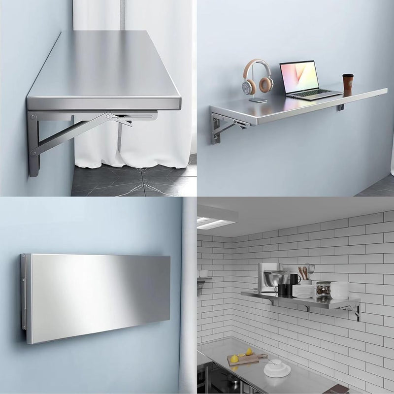 Repisas Mesas Plegables de Pared en Acero Inoxidable 201. Estantes Abatibles. Soporte Resistente Anticorrosión para Cocina, Lavandería o Taller.
