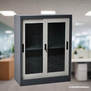 Gabinete armado estructura plegable dos repisas con puerta corredera de vidrio 1100X900X400mm