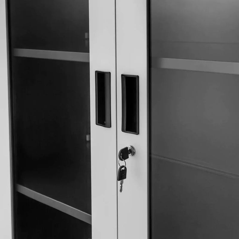 Mueble metalico Gabinete armado estructura plegable con 4 estantes ajustables doble puerta de vidrio  y cierre con llave 1850x900x400mm