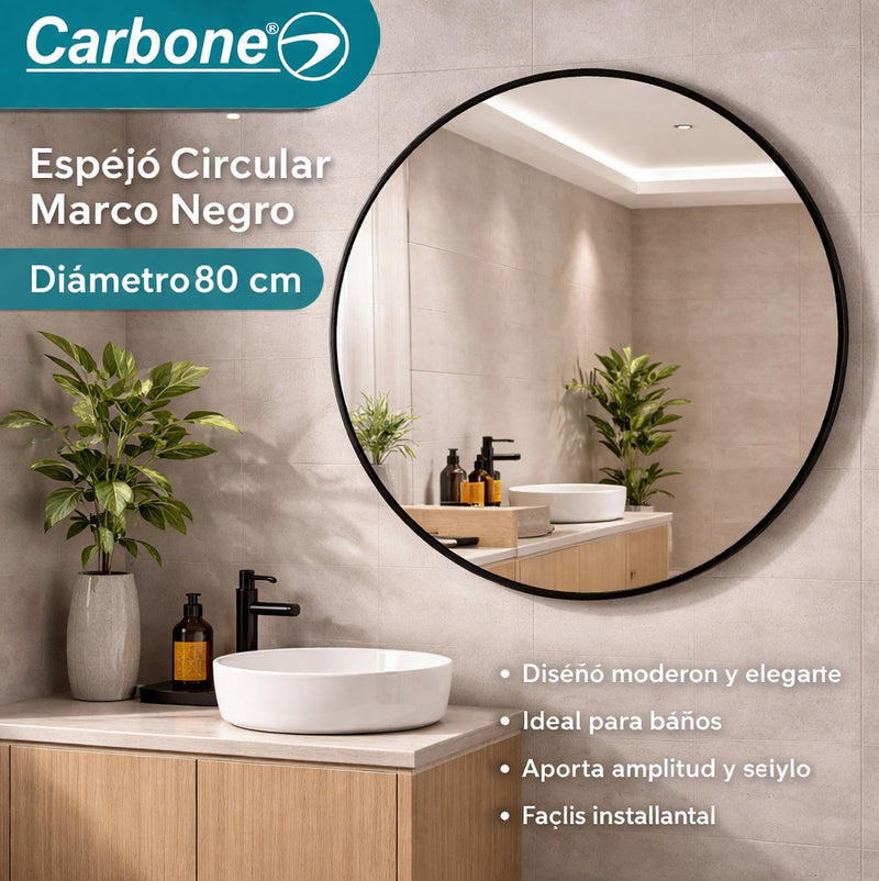 Espejo Circular Marco Negro Diametro 80 cm